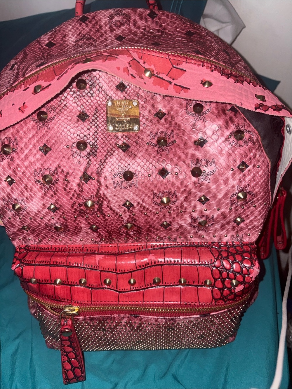 MCM Pink Red Studded Logo Backpack with Gold Plaque